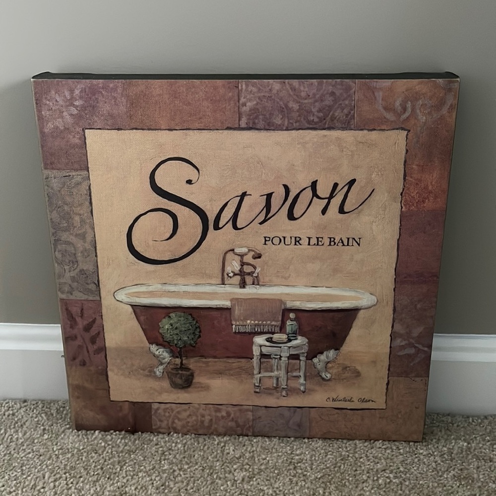 Savon POUR LE BAIN Canvas Wall Art Decor for Bathroom 11.5" x 11.5"  Brown Green